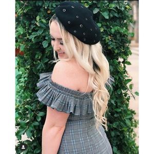 Urban outfitters plaid off the shoulder romper